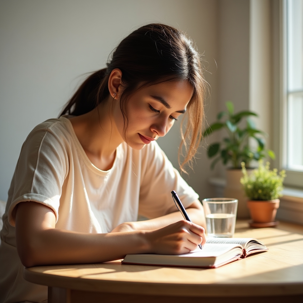 Person sitting quietly in a bright room, journaling their recovery progress
