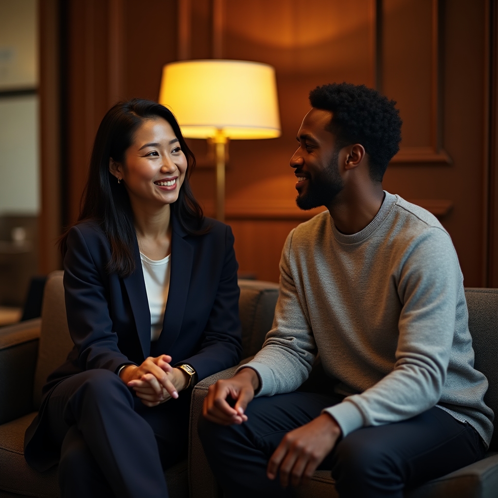 Two people having a calm, supportive conversation about recovery progress